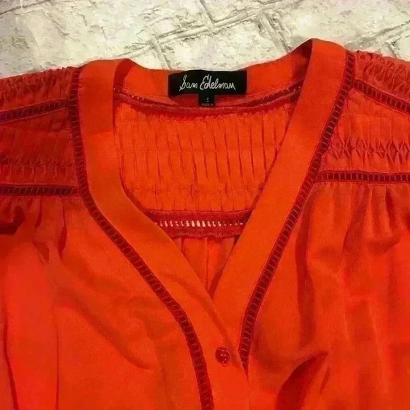 Women’s Sam Edelman Orange Coral Long Sleeve Button Up Romper Size Small - Picture 2 of 5